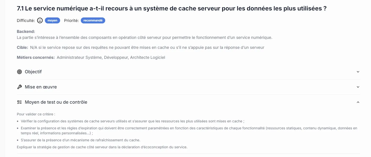 Capture d'écran des critères d'audit d'Arriu