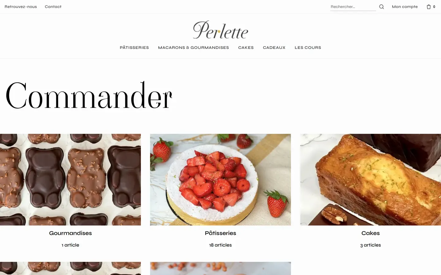 Page boutique du site Perlette : les catégories de produits présentées en grandes vignettes photo.