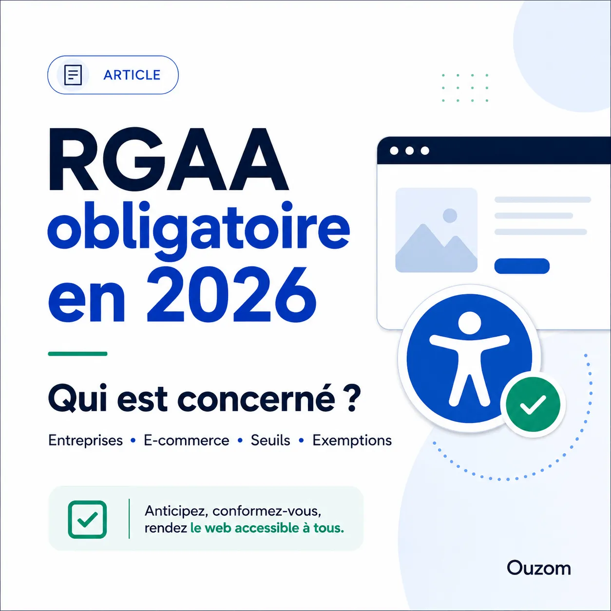 Pictogramme d’accessibilité validé par une coche verte, devant la maquette d’un site web.