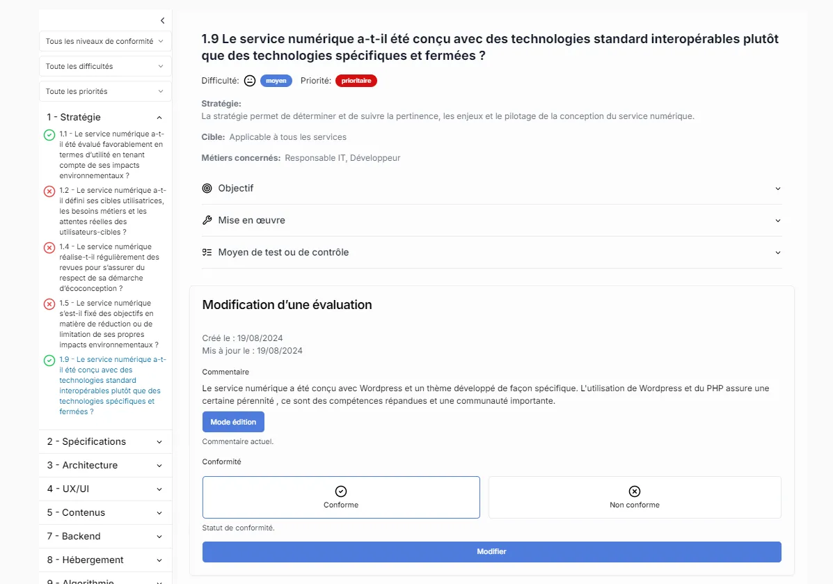 Une capture d'écran de notre outil interne avec le critère RGESN 1.9 sélectionné