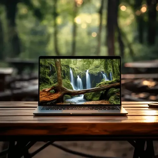 Un ordinateur portable ouvert posé sur une table en bois dans une forêt.